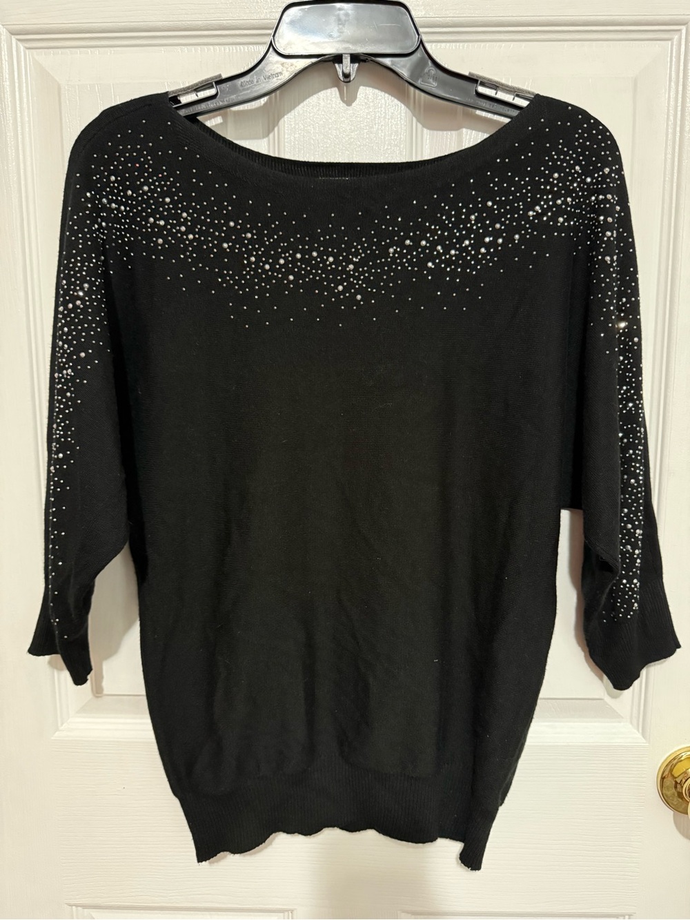 Madison Black Off-the-Shoulder Sweater with Rhinestone Accents